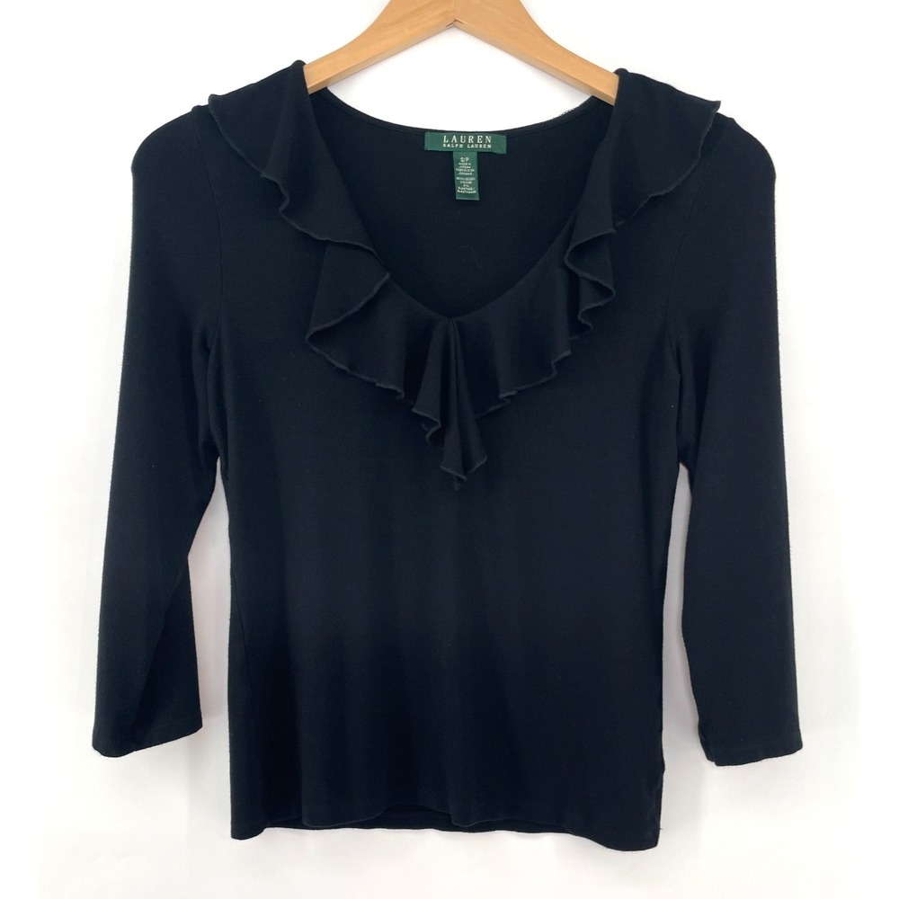 Ralph Lauren Black Ruffled V-Neck Top Knit S Office Siren Dark Academia Coquette